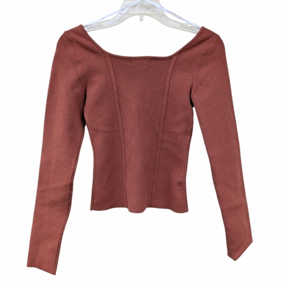 LULUS Aesthetic Essential Rust Brown Ribbed Seamed Long Sleeve Top NWT - Picture 3 of 6